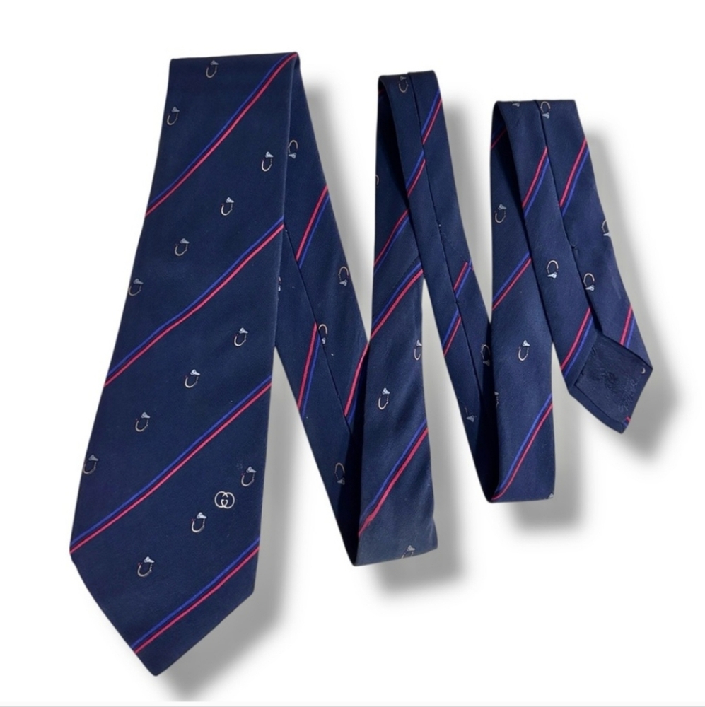 GUCCI Navy Silk Tie with Stripes & Circle Bit Pattern VINTAGE - Picture 2 of 7